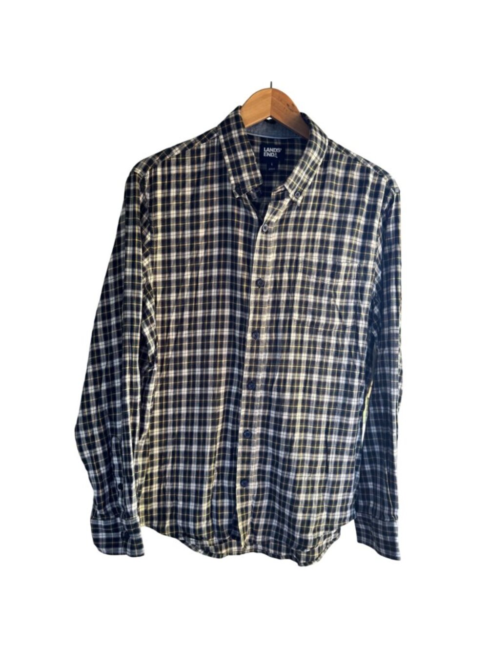 Lands End Mens Plaid Button-Up Shirt Black Yellow L Long Sleeve Cotton Blend - Picture 16 of 16